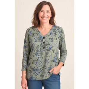 J‎ Jill Floral Print Button Front Tunic Top Blouse Sage Green Blue Size M Fall